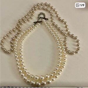 Vintage Necklace Faux pearls 2-strand 17” adj., unique “tree bark” etched clasp